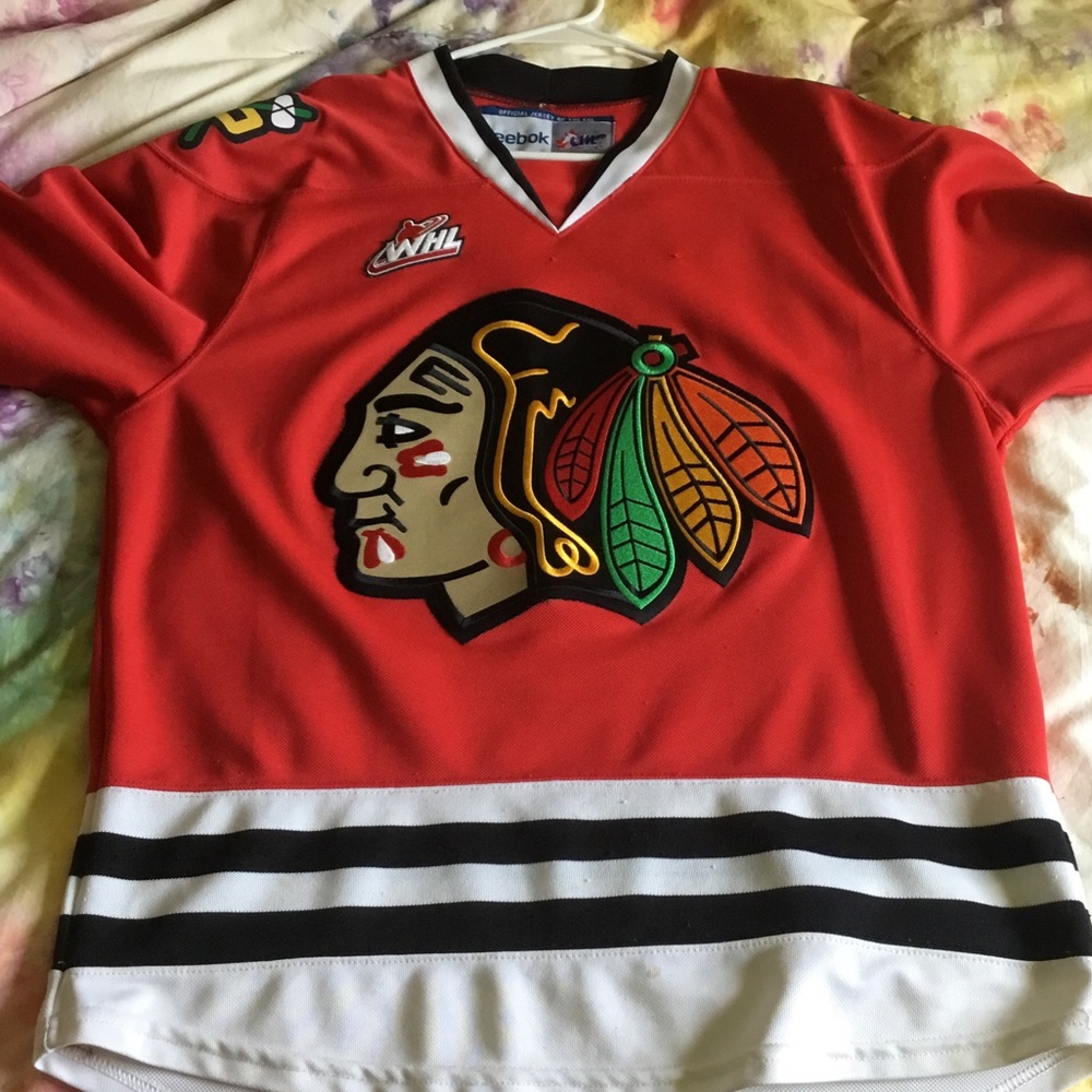 Reebok Red Black White  Portland Winterhawk Hockey Jersey with Multicolor Patch